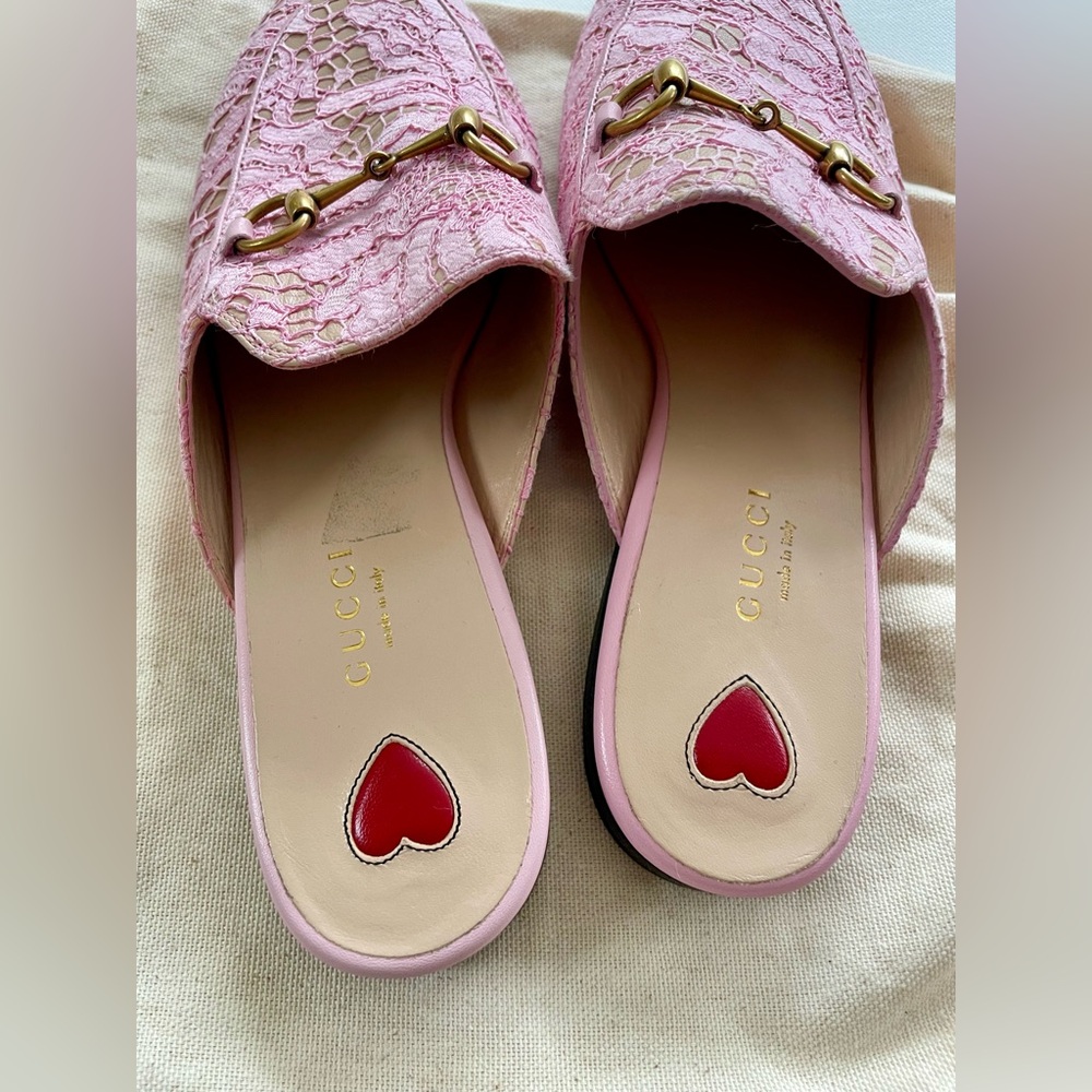 Gucci Pink Lace and Leather Princetown Mules - Picture 4 of 7